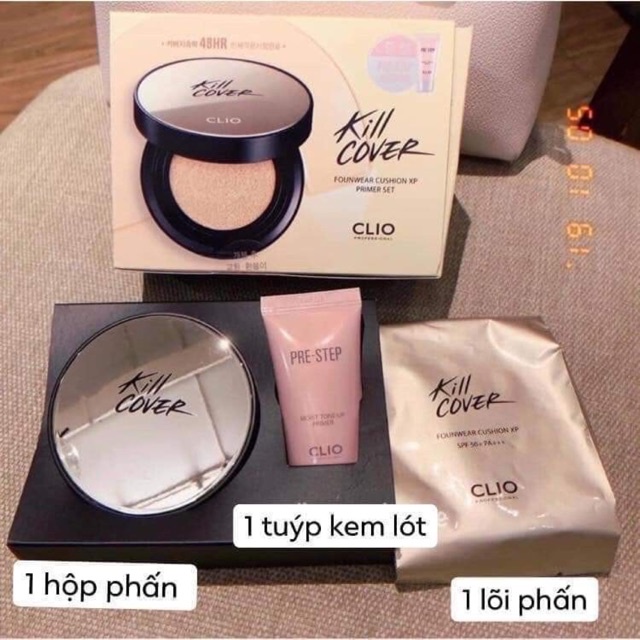 Set Kem Nền Clio Kill Cover Liquid Founwear Cushion + Kem Lót Highest Wear Primer - dwqwe