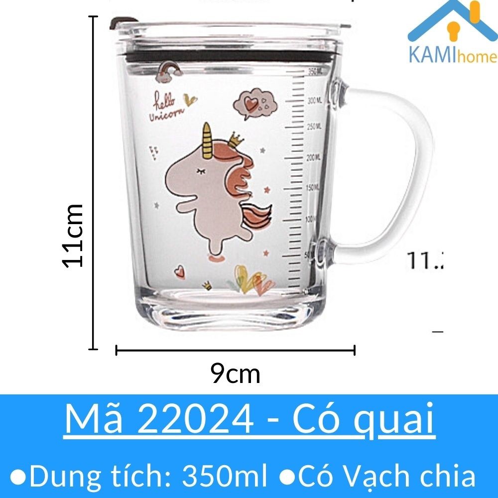 Ly thủy tinh chịu nhiệt 350ml có Quai và Nắp chống tràn giữ cách nhiệt Kami22022. 20024