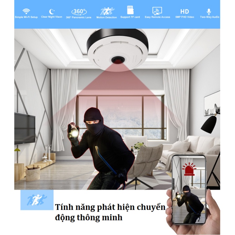 Camera An Ninh 360 Gắn Trần Nhà, Kết Nối Wifi, Xem Từ Xa, Giám Sát Toàn Cảnh 360, Độ Phân Giải HD, Bảo Hành 12 Tháng