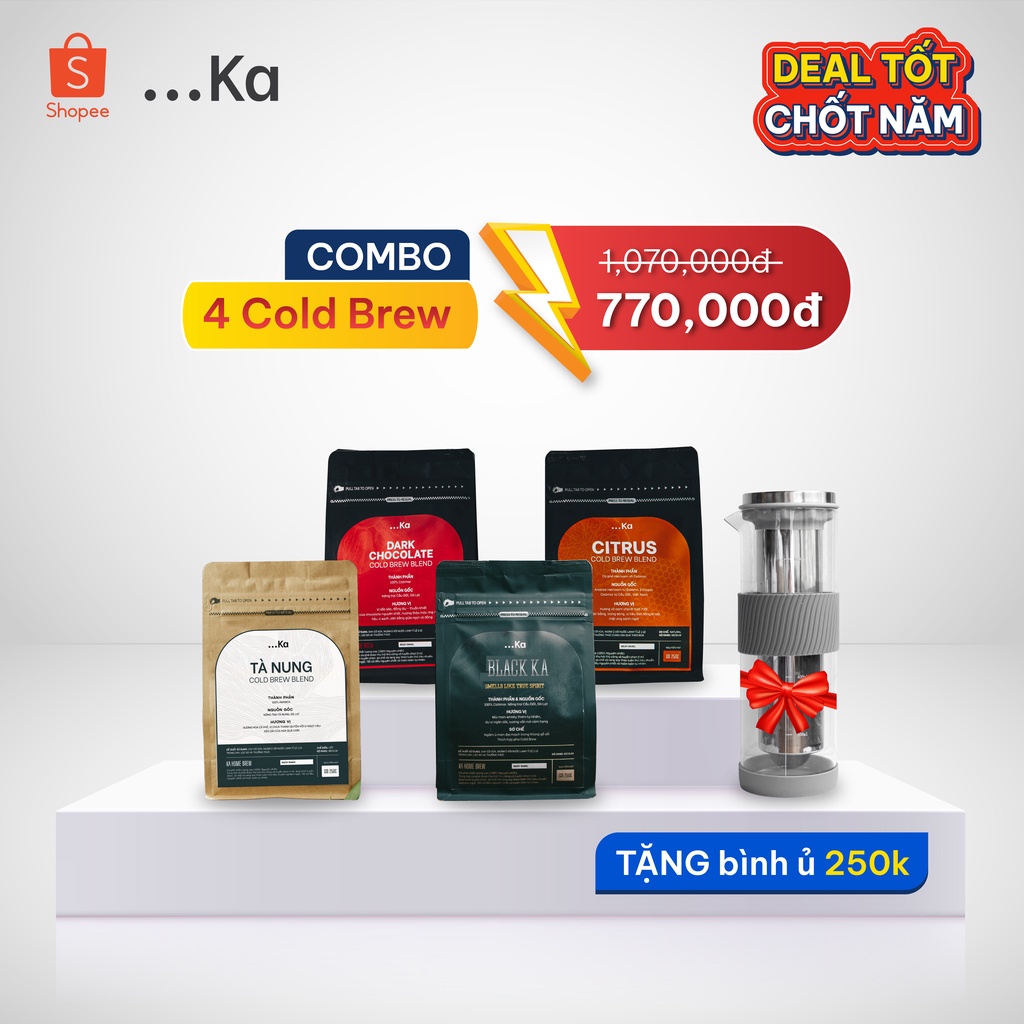 TẶNG 1 BÌNH PHA COLD BREW khi mua COMBO 4 gói cà phê rang xay nguyên chất pha cold brew gói 250gr - KaHomebrew