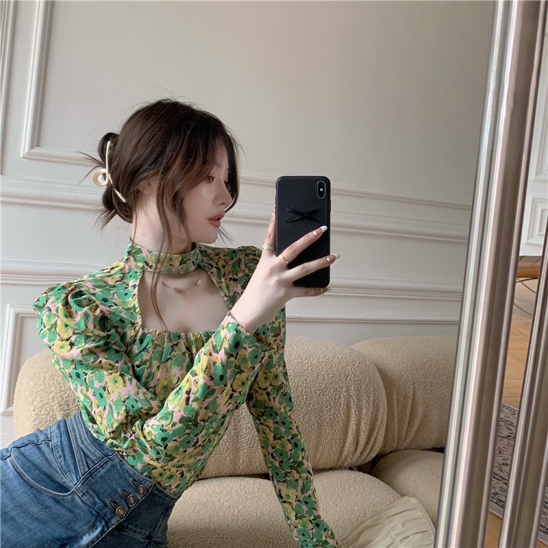 ÁO SƠ MI HOA NỮ KHOÉT NGỰC TAY DÀI HOA NHÍ