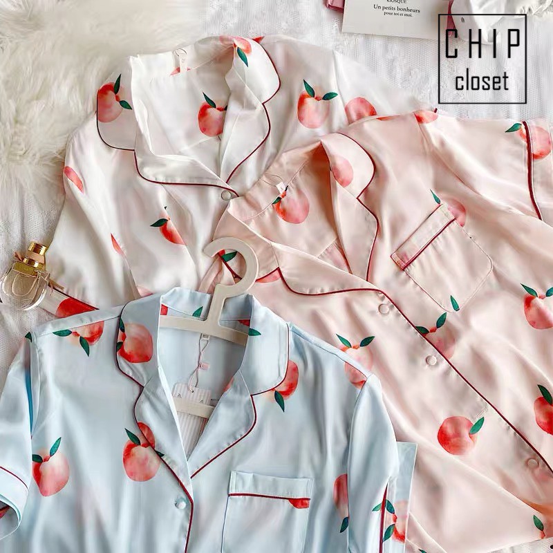 Bộ Đồ Ngủ Mặc Nhà Lụa Satin Cao Cấp  Bộ Pijama Lụa Chất Mát Hoạ Tiết Trái Cây 4 Màu Mùa Hè CC010