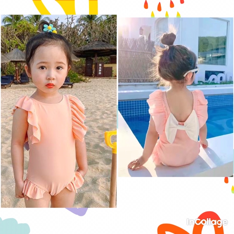 Bộ bơi liền thân tăngj kèm mũ cho các bé gái từ 10-22kg