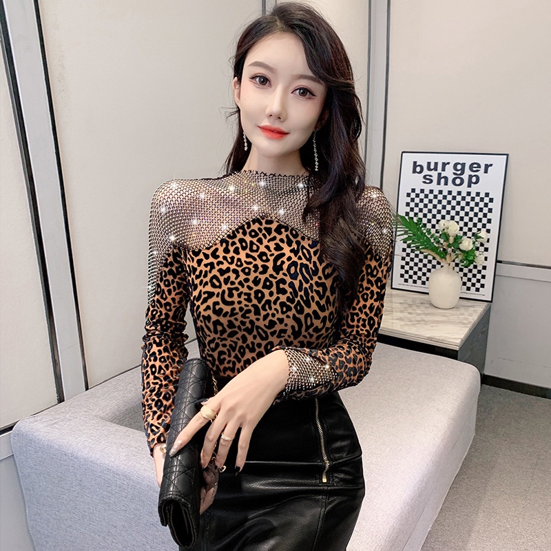 Áo Thun Tay Dài Phối Lưới Đính Đá Thiết Kế Mới Trẻ Trung Sành Điệu áo kiểu trễ vai áo lưới dài tay