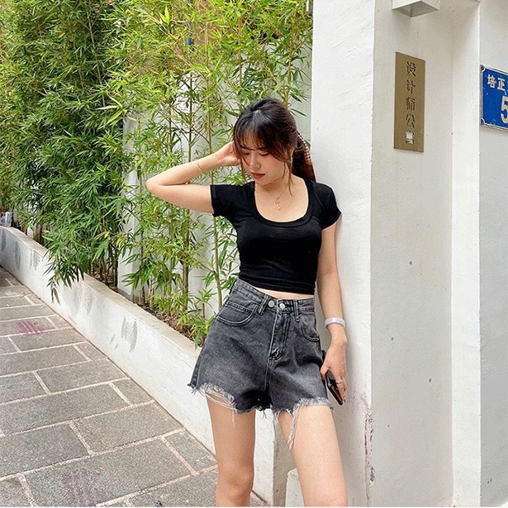 Quần Short Denim Lưng Cao Dáng Rộng Plus Size Phong Cách Hàn Quốc Cho Nữ