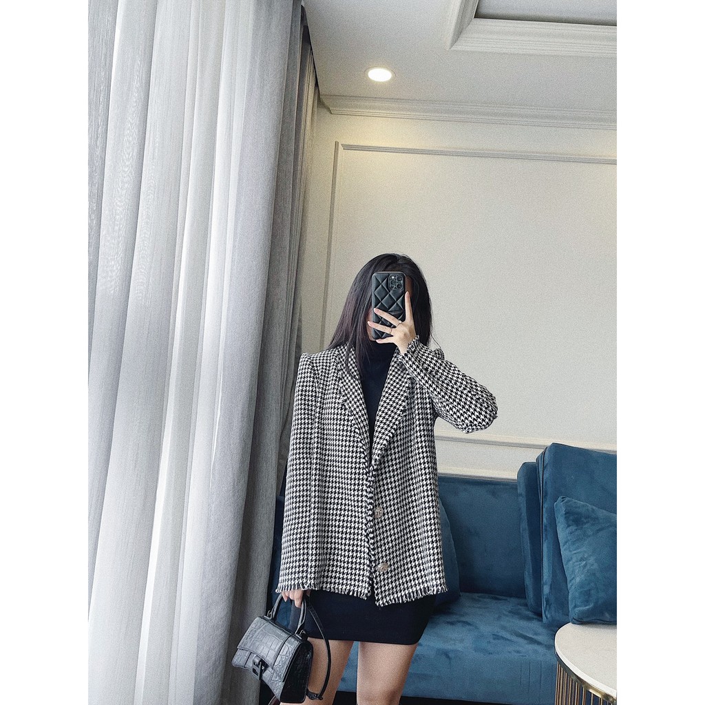 Set 2 món vest Hàn Quốc váy body dài tay dáng ngắn và áo khoác dạ kẻ ziczac siêu xinh, rẻ đẹp trẻ trung sang trọng