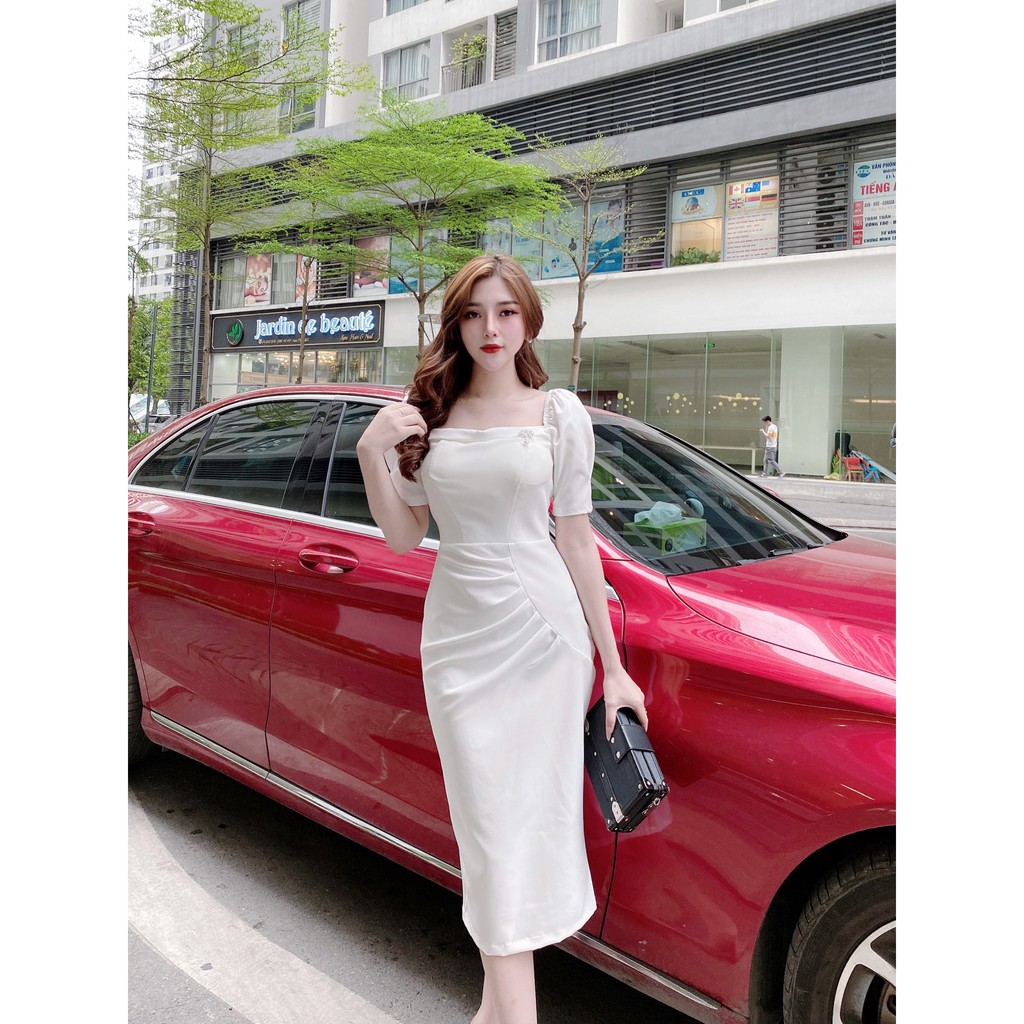 Váy đầm nữ body cổ vuông,dáng ôm tay lửng, cao cấp sang chảnh dự tiệc công sở màu  trắng Nancy A38 | BigBuy360 - bigbuy360.vn