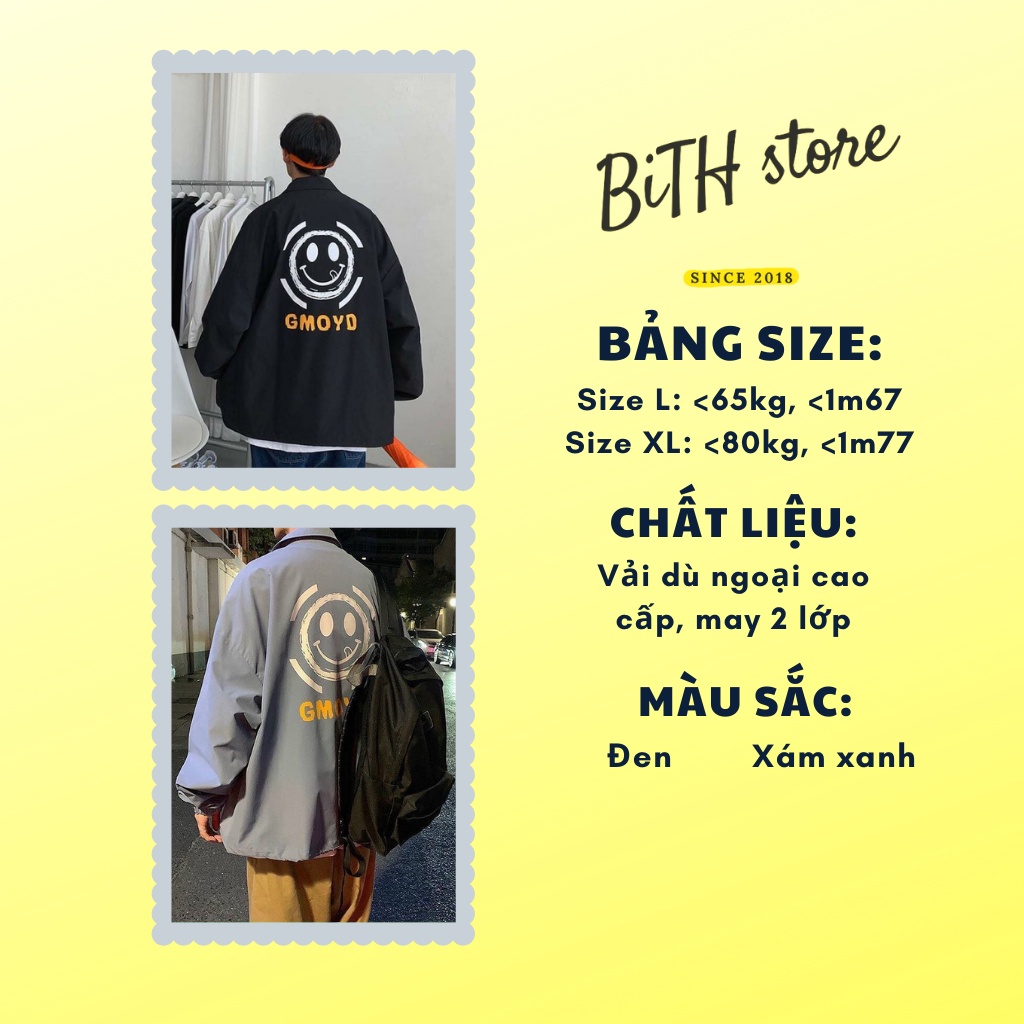 [MA AOKH3K GIAM 3%] Áo Khoác Dù Nam Nữ GMOYD Cổ Bẻ, Áo Khoác Sơ Mi Nút Bấm Cao Cấp In Mặt Cười BiTH Store AK001