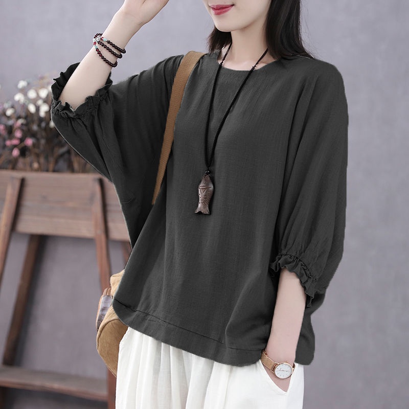 Áo Thun Tay Ngắn Kiểu Cánh Dơi Dáng Rộng Phong Cách Dân Tộc Hàn Quốc Kích Thước Lớn Cho Nữ