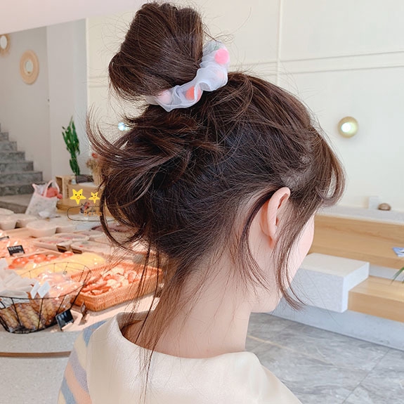 Dây buộc tóc vải voan cao su phối quả bông nhiều màu xinh xắn phong cách Hàn Quốc cho nữ