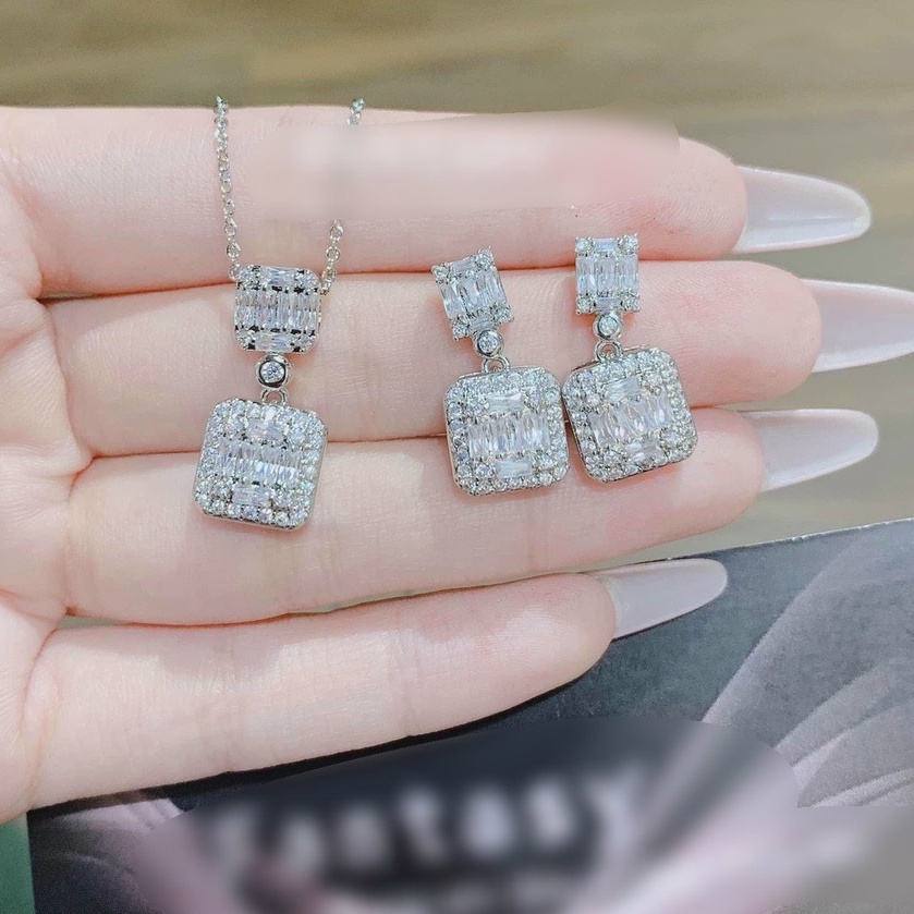 Set 2 Món Dây Chuyền Và Bông Tai Hình Vuông Đính Đá Baguatte Giữa Dễ Thương - Trang Sức Queen - 1024468 - 16