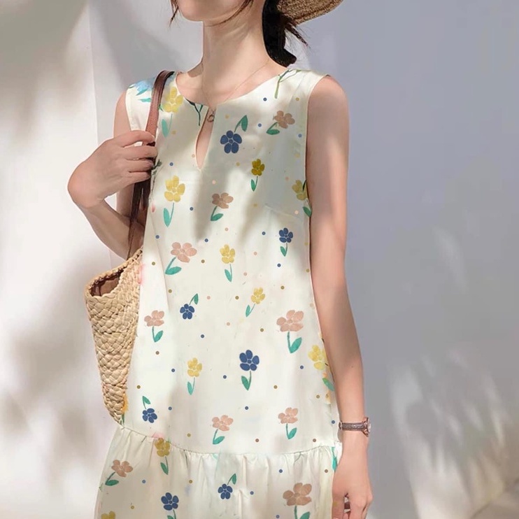 MYA - VÁY ĐẦM HOA TRẮNG SÁT NÁCH VẢI COTTON XÔ SỢI TRE