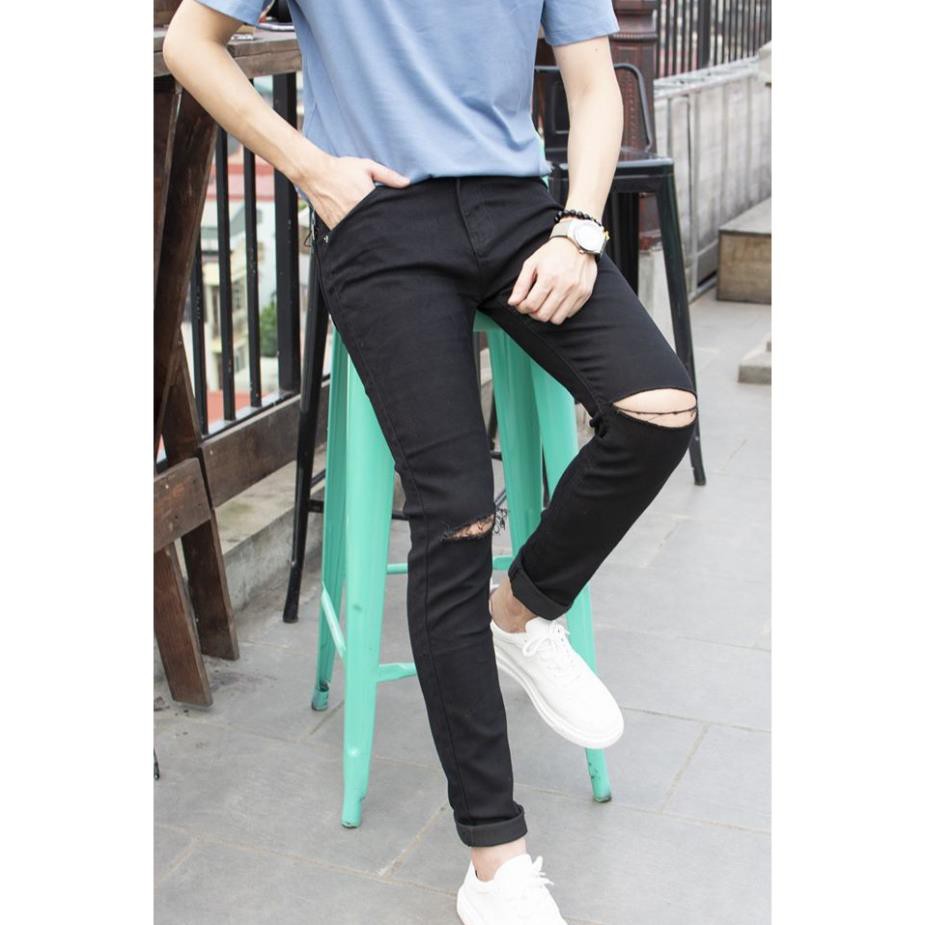 Quần Jean nam rách gối màu đen dáng slim fit co dãn, không xù, không bai màu dành người 48 - 78kg ་