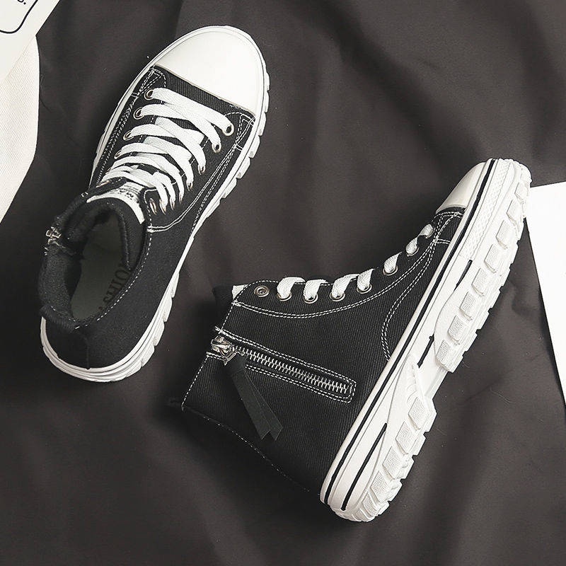 Giày Vải Canvas Cổ Cao Có Khóa Kéo Bên Hông Thoáng Khí Phong Cách Hàn Quốc Thời Trang Thu Đông Mới