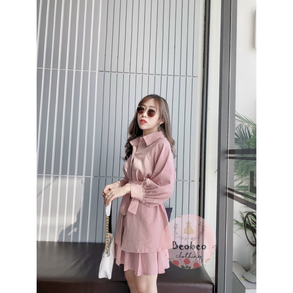 Set áo sơ mi tay phồng thắt nơ kèm chân váy xếp ly ulzzang