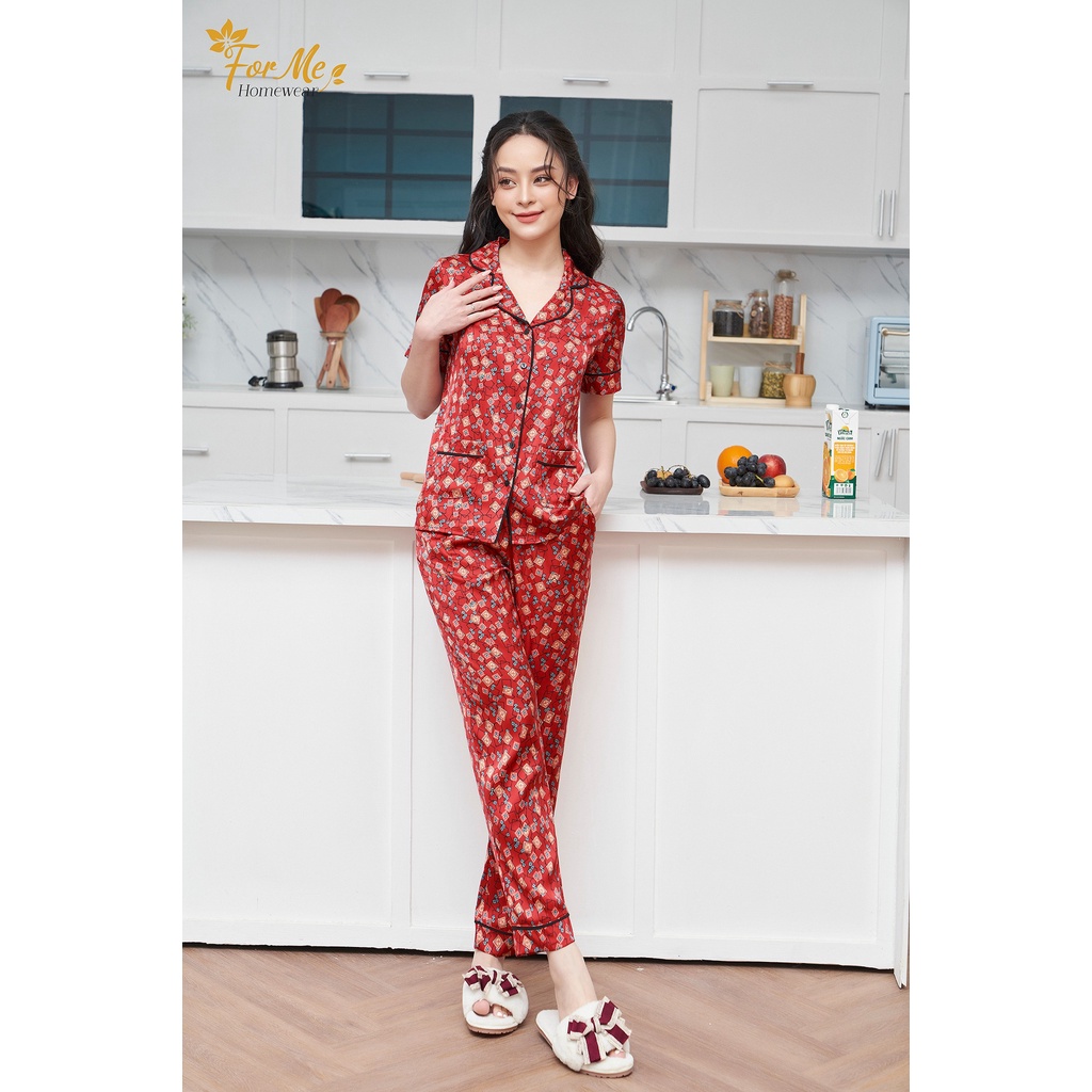 Bộ mặc nhà lụa giấy luxury ngắn tay quần dài họa tiết Ô Vuông 2 Túi 10 , forme pijamas