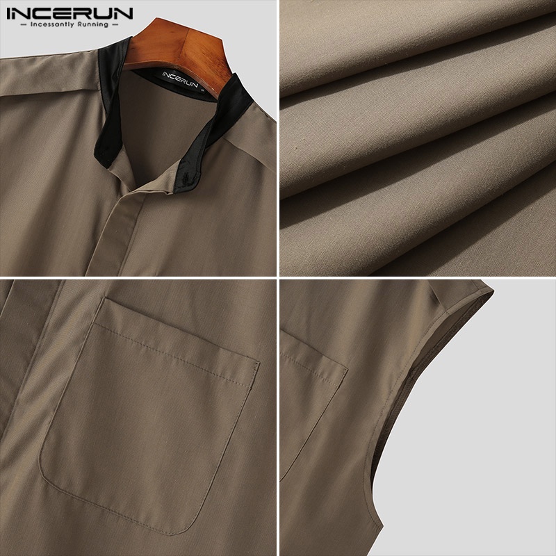 Áo sơ mi INCERUN màu trơn không tay cài nút dành cho nam giới