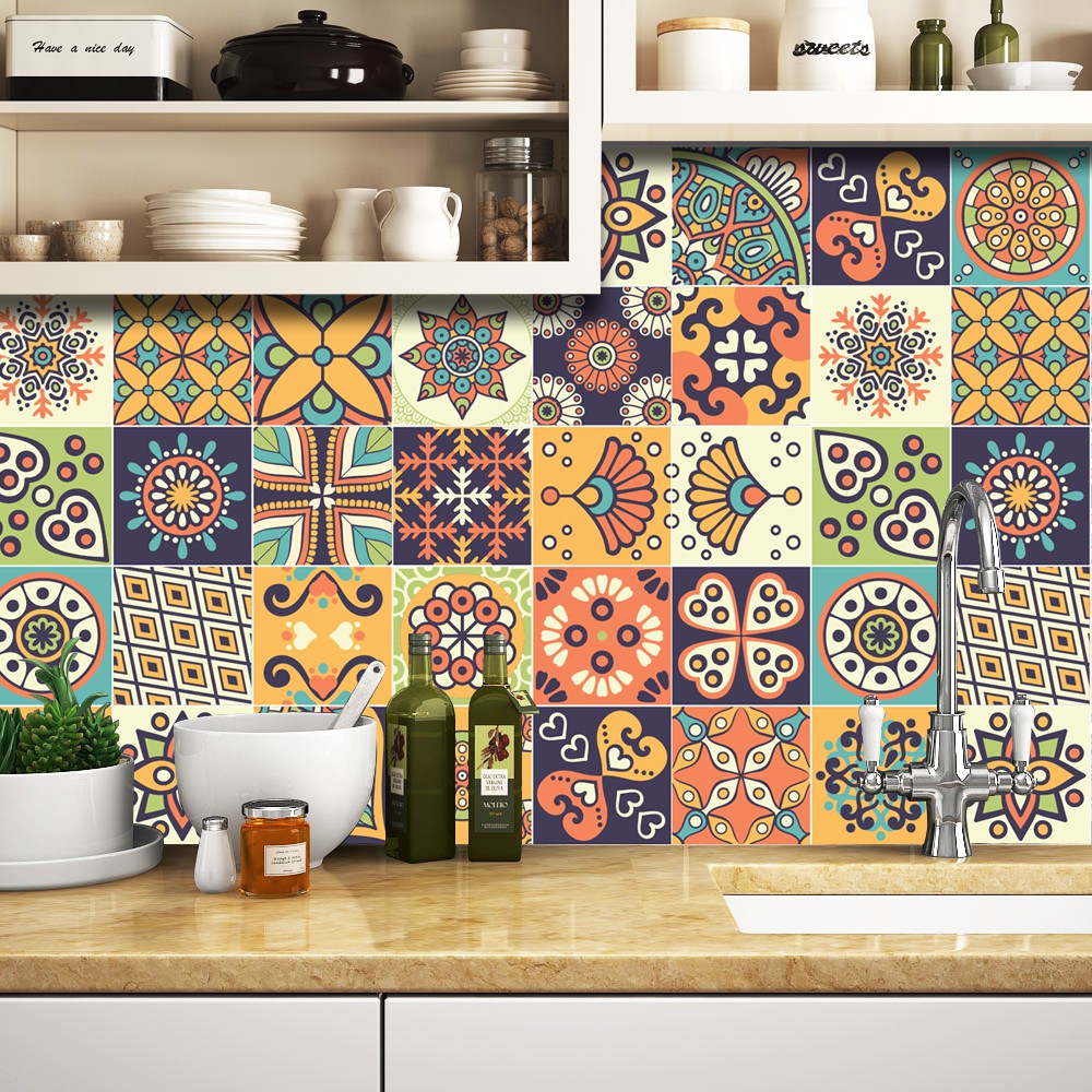Set 128 ô 15cm hoặc 72 ô 20cm decal gạch bông nhiều màu dán tường dán tủ dán bếp