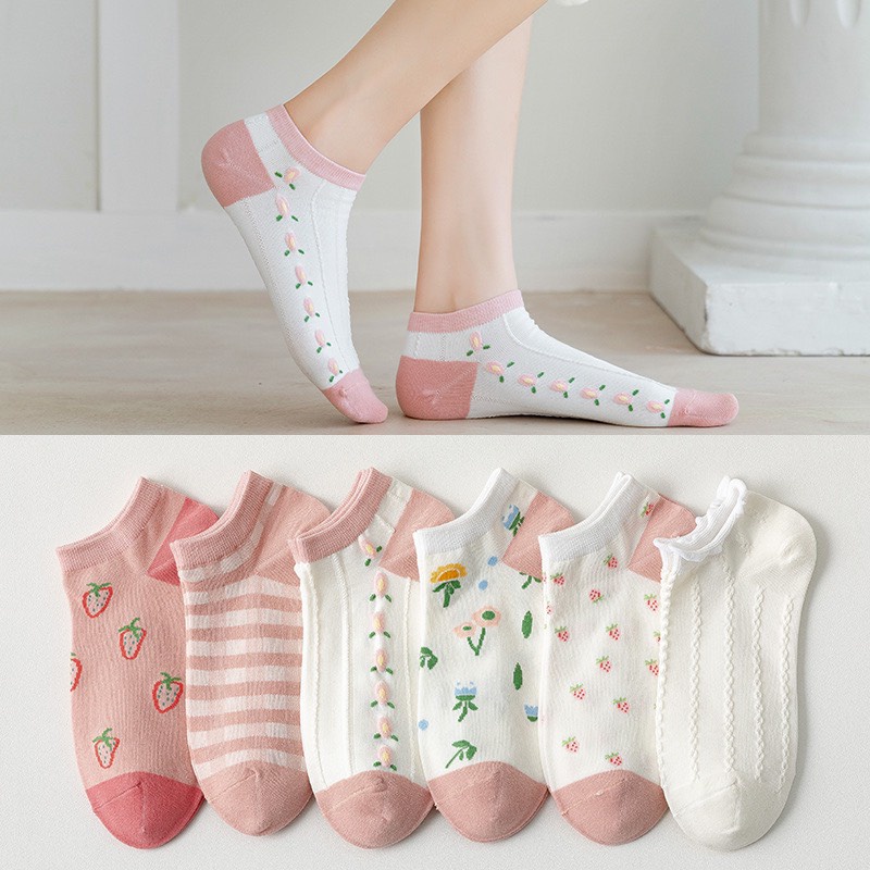 Tất vớ cổ ngắn họa tiết Vintage dễ thương màu trắng màu hồng cho nữ LUCIA SISTER T10