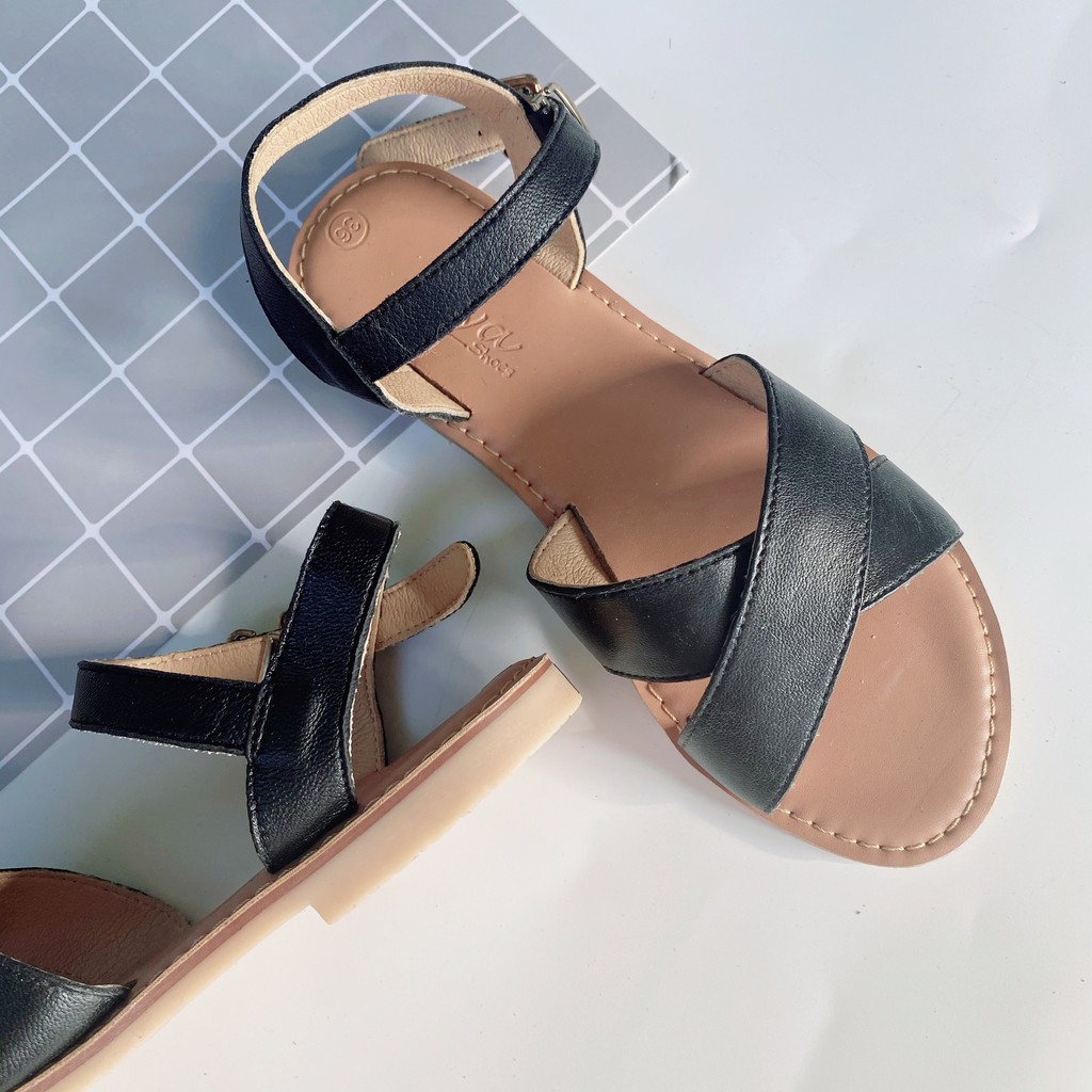 Sandal Nữ đẹp quai ngang da THẬT 2 quai phù hợp đi học , công sở hàng ngày HISHOO có bigsize  S006