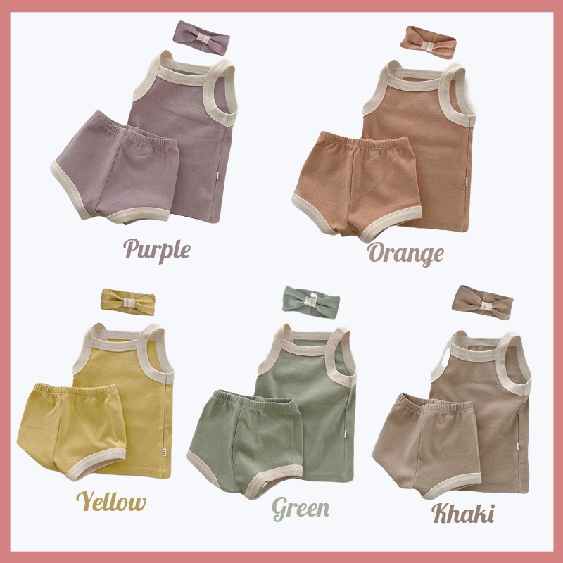 Bộ Áo Hai Dây + Quần Short + Băng Đô Bằng Vải Cotton Màu Trơn Dễ Thương Thời Trang Mùa Hè Cho Bé Sơ Sinh