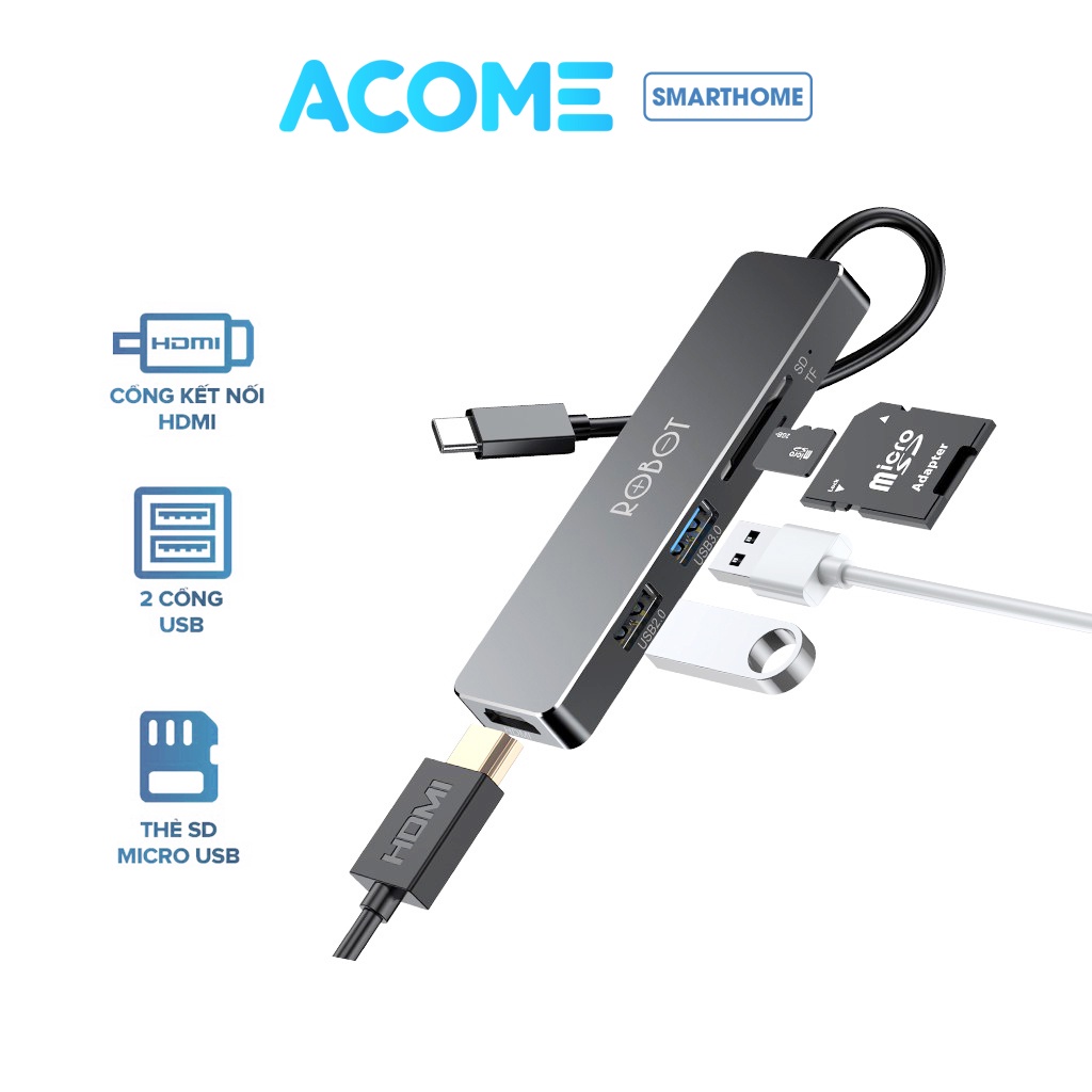 Hub Type C 5 in 1 ROBOT HT240S bộ chuyển đổi USB đa năng USB 2.0 3.0 HDMI đọc thẻ nhớ SD MicroSD - Bảo hành 12 tháng