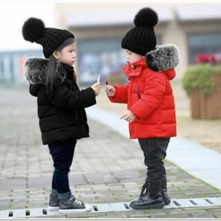Áo phao cổ lông đỏ đen