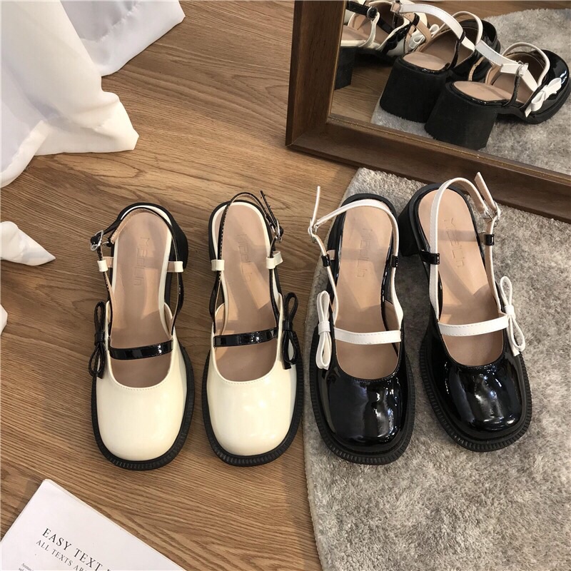 Giày gót cao quai mix màu buộc nơ cnk | Ảnh thật