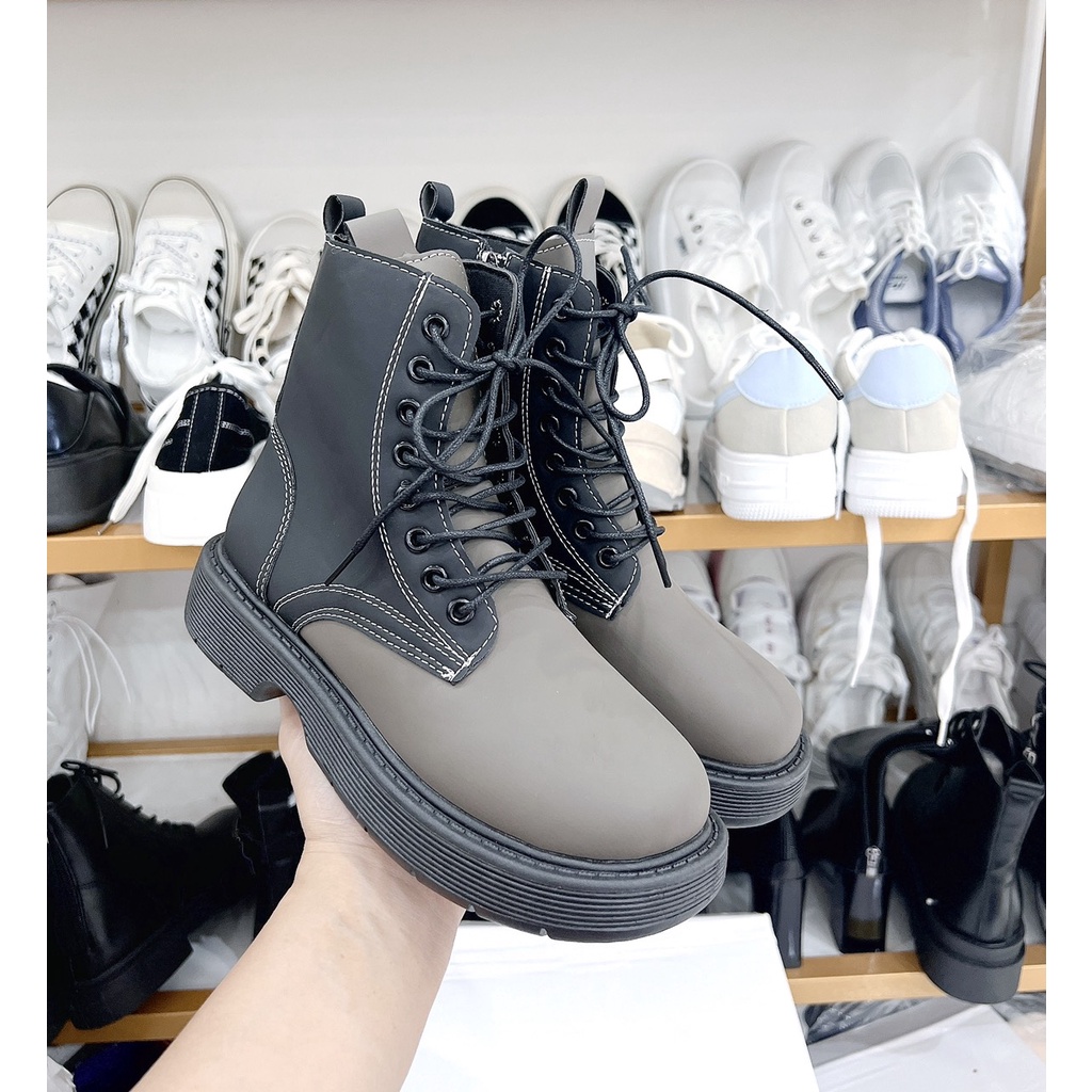 Bốt Cổ Cao Da Lì Cao Cấp Chỉ Nổi Phối xanh Rêu Buộc Dây Kéo Khóa Cổ