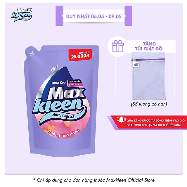 Túi Nước Giặt Xả MaxKleen Hương Hoa Nắng Sạch Khuẩn Thơm Mềm Tiện Lợi &amp; Tiết Kiệm 2.4KG - Túi ngoài bám bẩn nhẹ