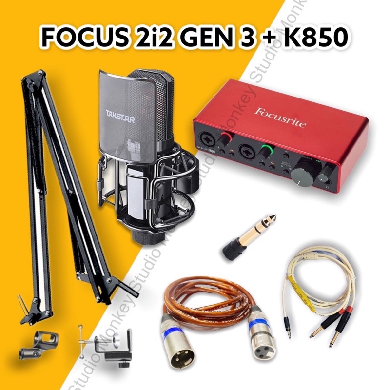 Bộ Thu Âm Chuyên Nghiệp,Cao Cấp Phòng Thu Focusrite 2i2 Gen 3 + Mic Takstar PC K850 Đầy Đủ Phụ Kiện bh 2 năm