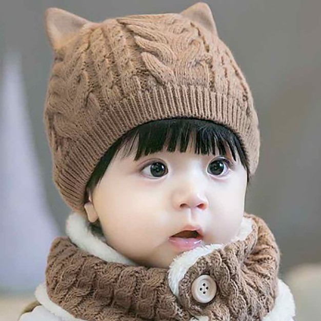 Mũ len cho bé kèm khăn có cúc bấm thời trang có lông bên trong cute ấm áp cho bé 6-36 tháng