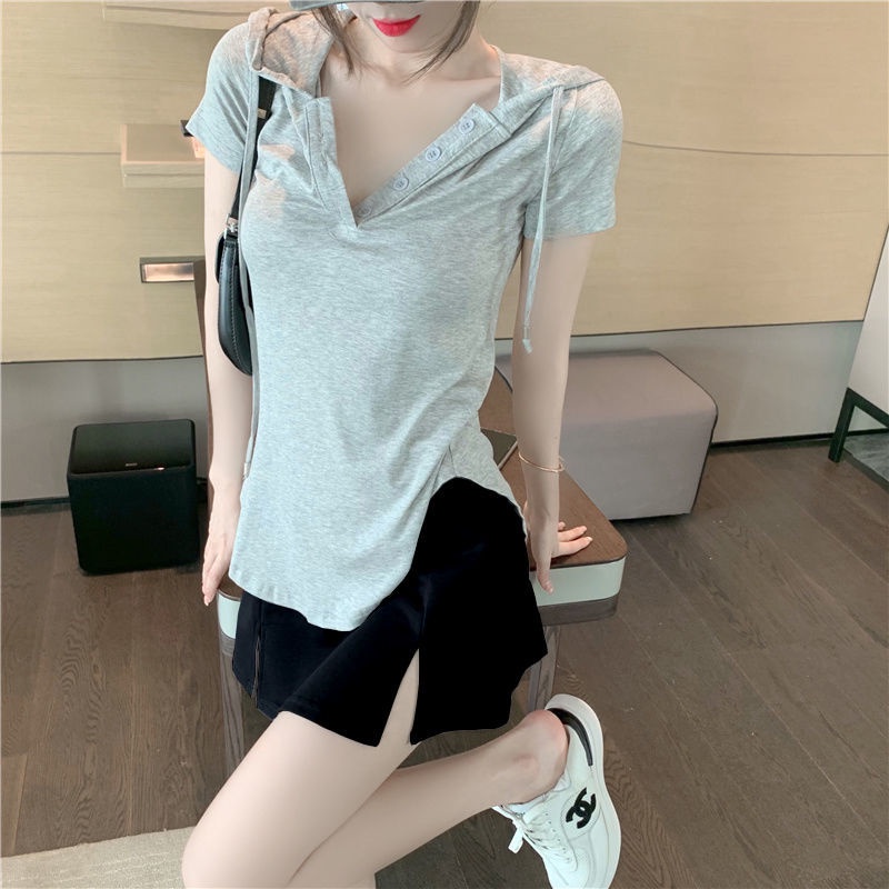 Áo Thun Tay Ngắn Có Mũ Trùm Đầu Thời Trang Mùa Hè Cho Nữ