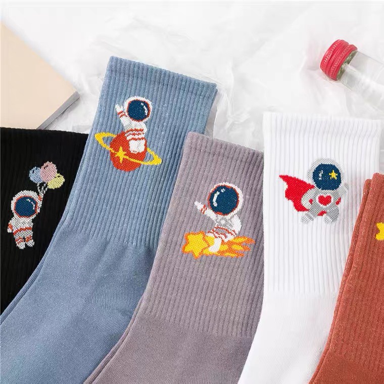 Tất Vớ Dài Cô Cao Nam Nữ Màu Trơn Có Thêu Hình Phi Hành Gia vải cotton mềm mại thấm hút,