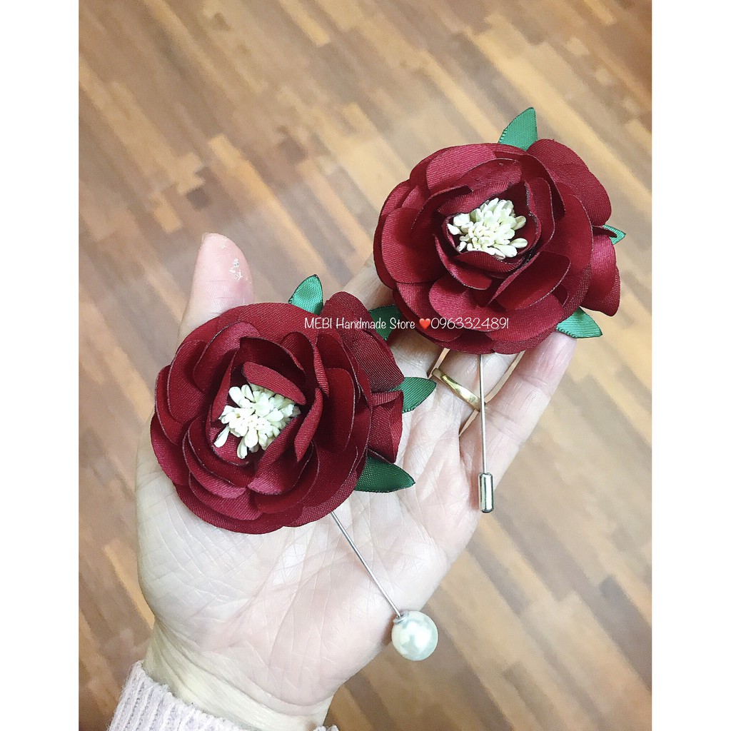 (Ảnh thật 100%) Hoa cài áo handmade (mẫu hoa hồng 2 nụ)