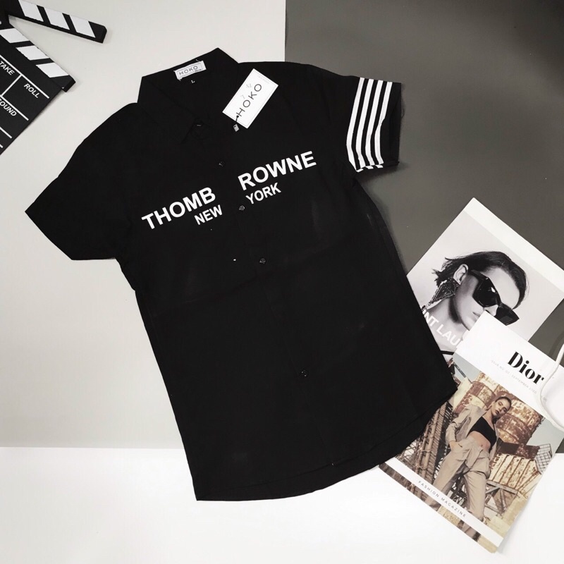 Áo sơ mi nam tay ngắn có cổ phối in chữ form ôm dáng chất liệu cotton lụa thoáng mát