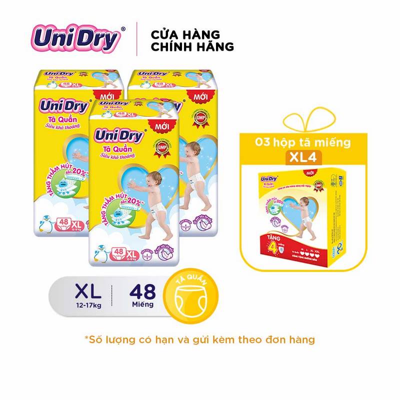 Combo 3 Tã Quần UniDry siêu khô thoáng gói Jumbo M60/L54/XL48/XXL44