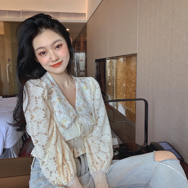 [Order taobao Áo sơ mi ren dài tay thêu hoạ tiết xinh xắn kiểu Hàn Quốc