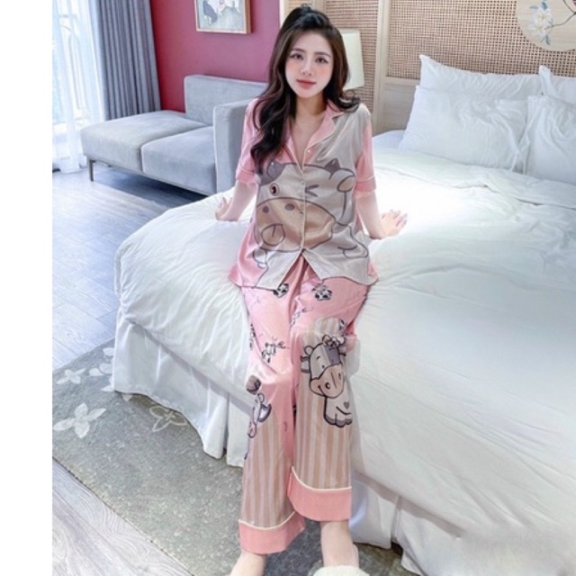 pijama lụa xước tay ngắn cao cấp quảng châu bò sữa