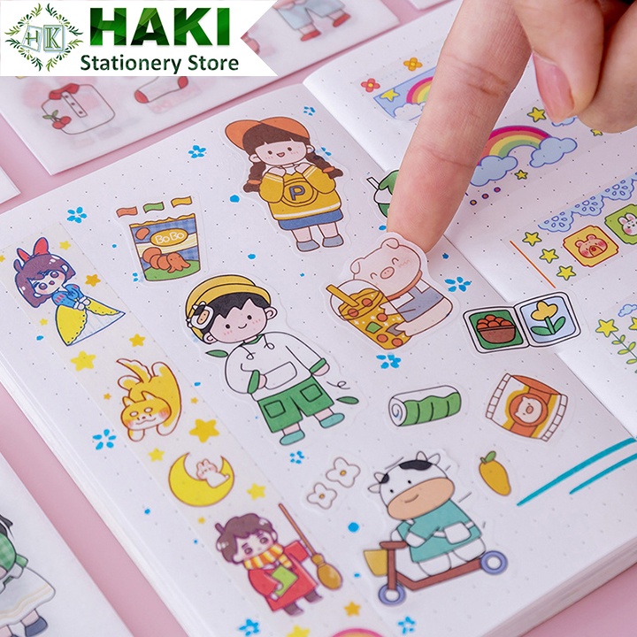 Sticker cute hoạt hình HAKI, hình dán cute 4 sticker trang trí sổ nhiều mẫu dễ thương ST24
