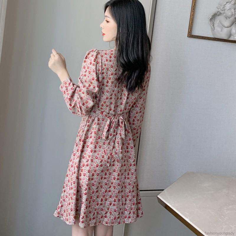 Váy Hoa Tay Dài Eo Cao Dáng Ôm Quyến Rũ Trẻ Trung Cho Bạn Gái