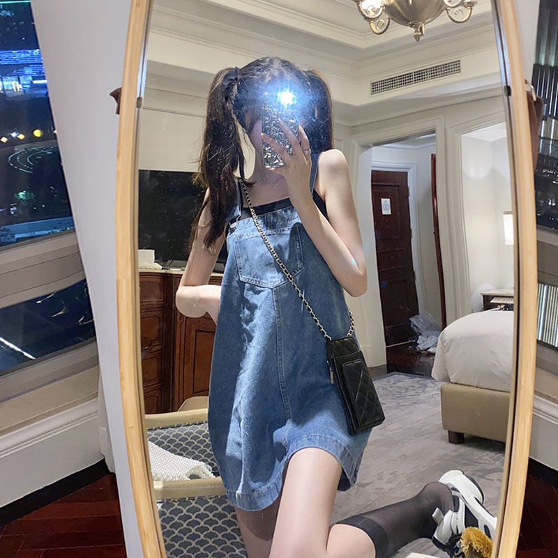 Váy Yếm Denim Dáng Rộng Lưng Cao Phong Cách Hàn Quốc Thời Trang Mùa Hè Xinh Xắn Cho Nữ