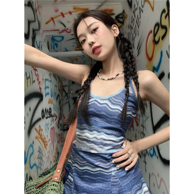 QKOOLE  Đầm ôm Không Tay Họa Tiết Sọc Phong Cách Hàn Quốc