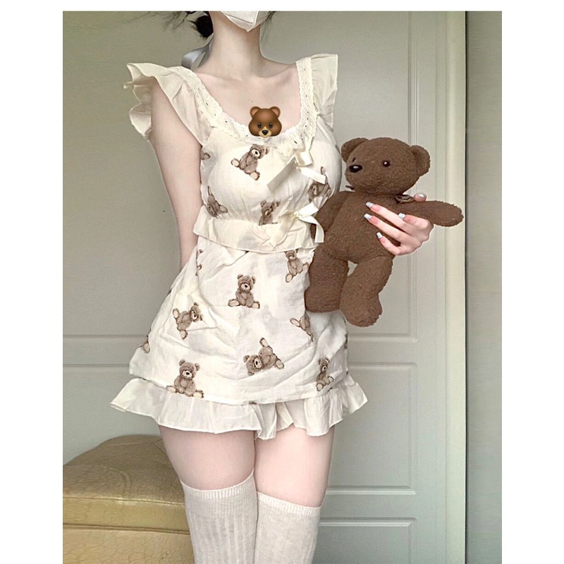 Bộ Đồ Ngủ Hai Dây Mềm Mại In Họa Tiết Gấu Nhật Bản Dễ Thương Thời Trang Mùa Hè Cho Nữ