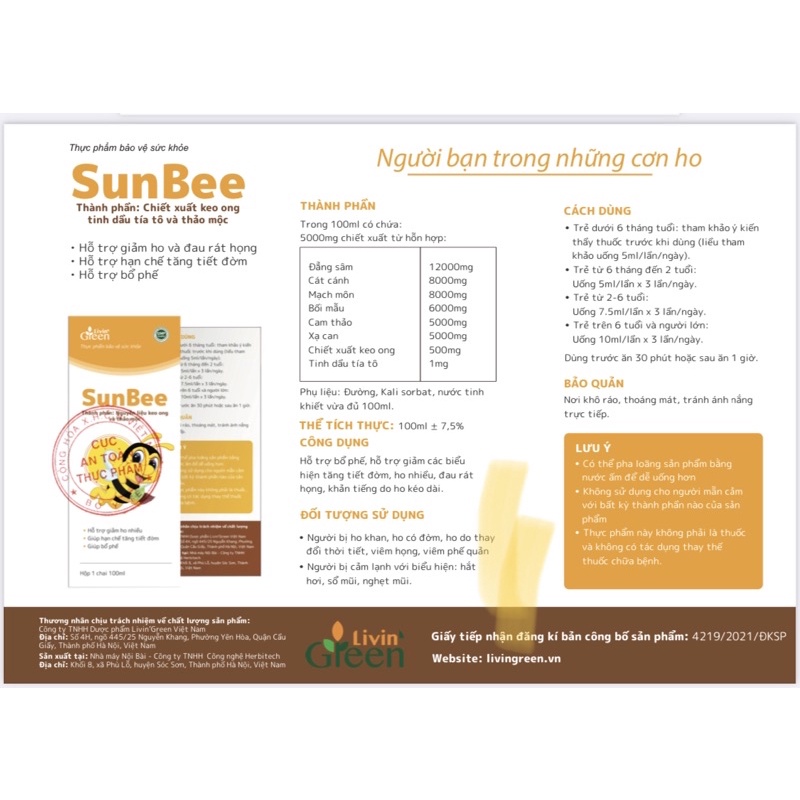 Siro ho Sunbee hỗ trợ giảm ho đờm, ho khan, đau rát họng, viêm họng. Giúp bổ phế, hạn chế kháng sinh