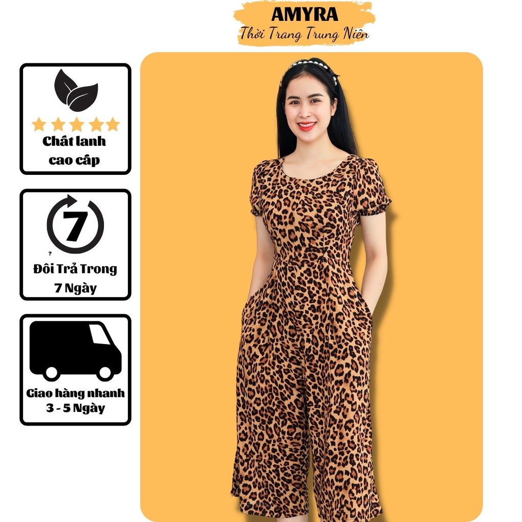 ⊙Jumpsuit nữ lanh maxi đi biển mặc nhà tay bo AMYRA - jump dài ống rộng họa tiết bi beo có túi Ju008
