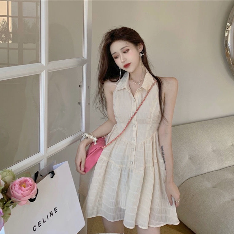 Váy Xòe Hở Vai Có Cổ Phối Dây Thắt Nơ Phía Sau Dễ Thương