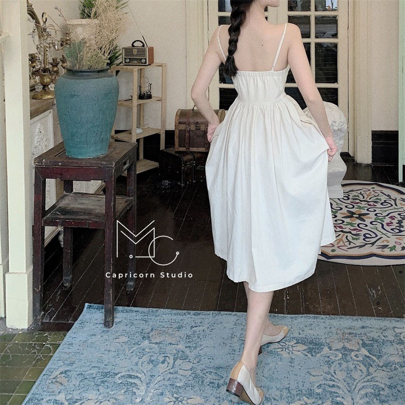 Váy/ Đầm dây màu trắng kiểu sơ mi nhẹ nhàng phong cách retro Pháp