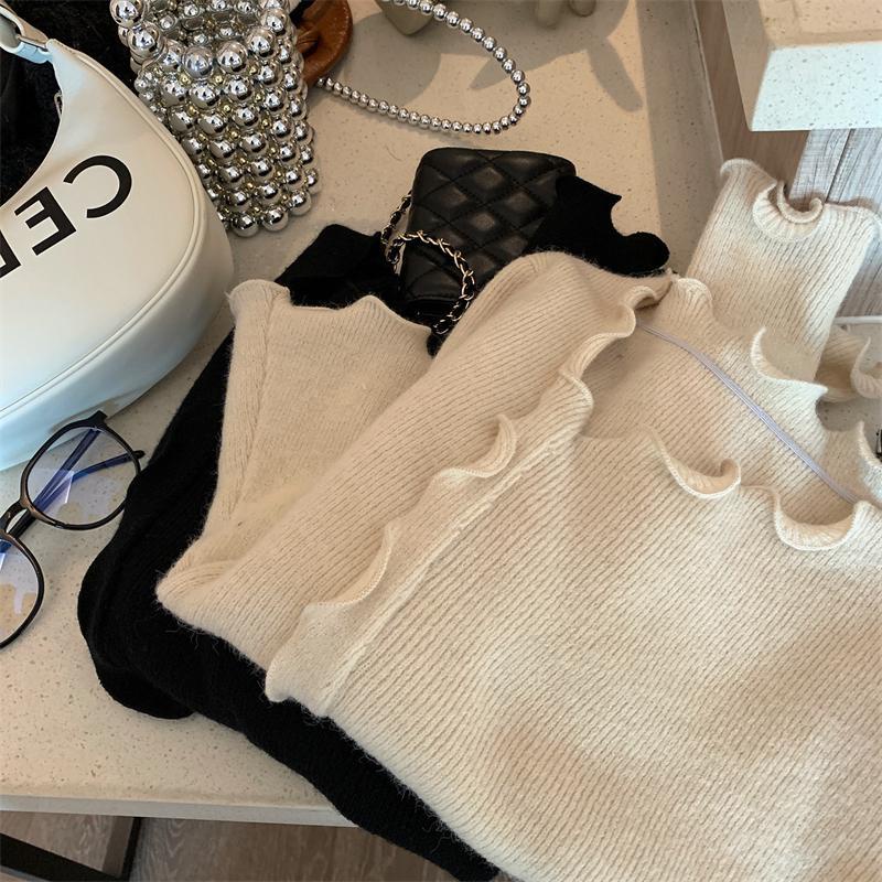 Áo Sweater dệt kim mềm mại tay dài phối ren thời trang cho nữ