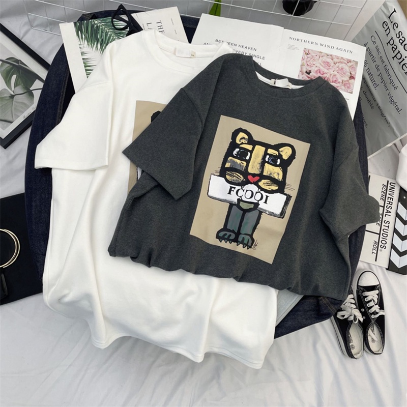 Áo thun SUXI cổ tròn ngắn tay dáng rộng in họa tiết phong cách Hàn Quốc thời trang hè đơn giản cho nữ